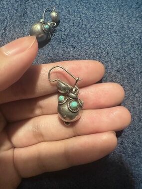 Vintage Sterling Silver Atomic Lantern Ball Turquoise Dangle Earrings Old Mexico